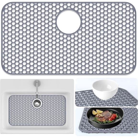 Funpisea Silicone Sink Protector Mat, 28.35"x15.67" Rectangular Honeycomb Sink Liner, Grey