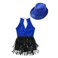 thumbnail image 4 of YONGHS Kids Girls Sequins Tassel Hem Dress Rumba Samba Salsa Cha Cha Latin Jazz Leotard with Hat Set Royal Blue 6, 4 of 5