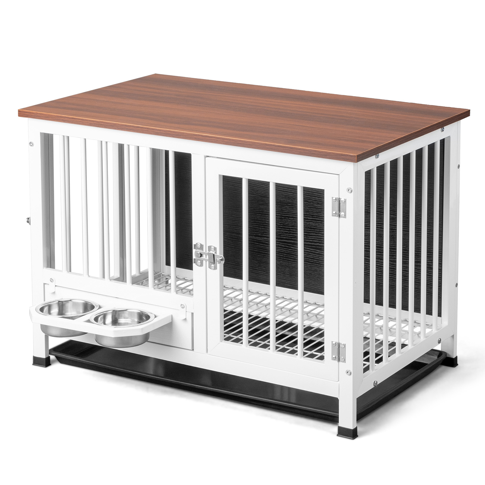 Ktaxon 31in Dog Crate Furniture with 360° Rotating Feeder & Removable Tray, Heavy Duty Pet End Table, Rustic Brown & White