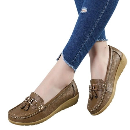 

Women Flats Ballet Shoes Cut Out Leather Breathable Moccasins Women Boat Shoes for Outdoor Travel Shopping 42 Khaki