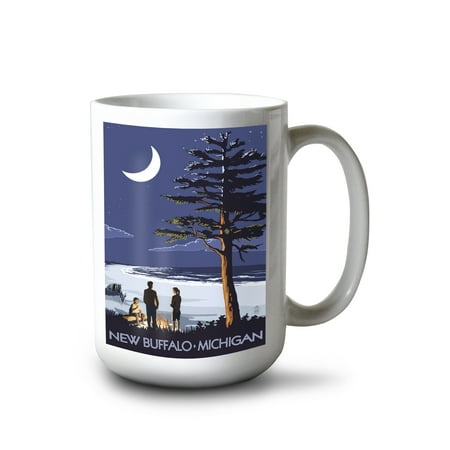 

15 fl oz Ceramic Mug New Buffalo Michigan Bonfire at Night Scene Dishwasher & Microwave Safe