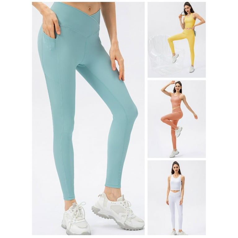 Women Sports Leggings Yoga Tights with Pockets Ribbed Pants for Workout  Running Gym