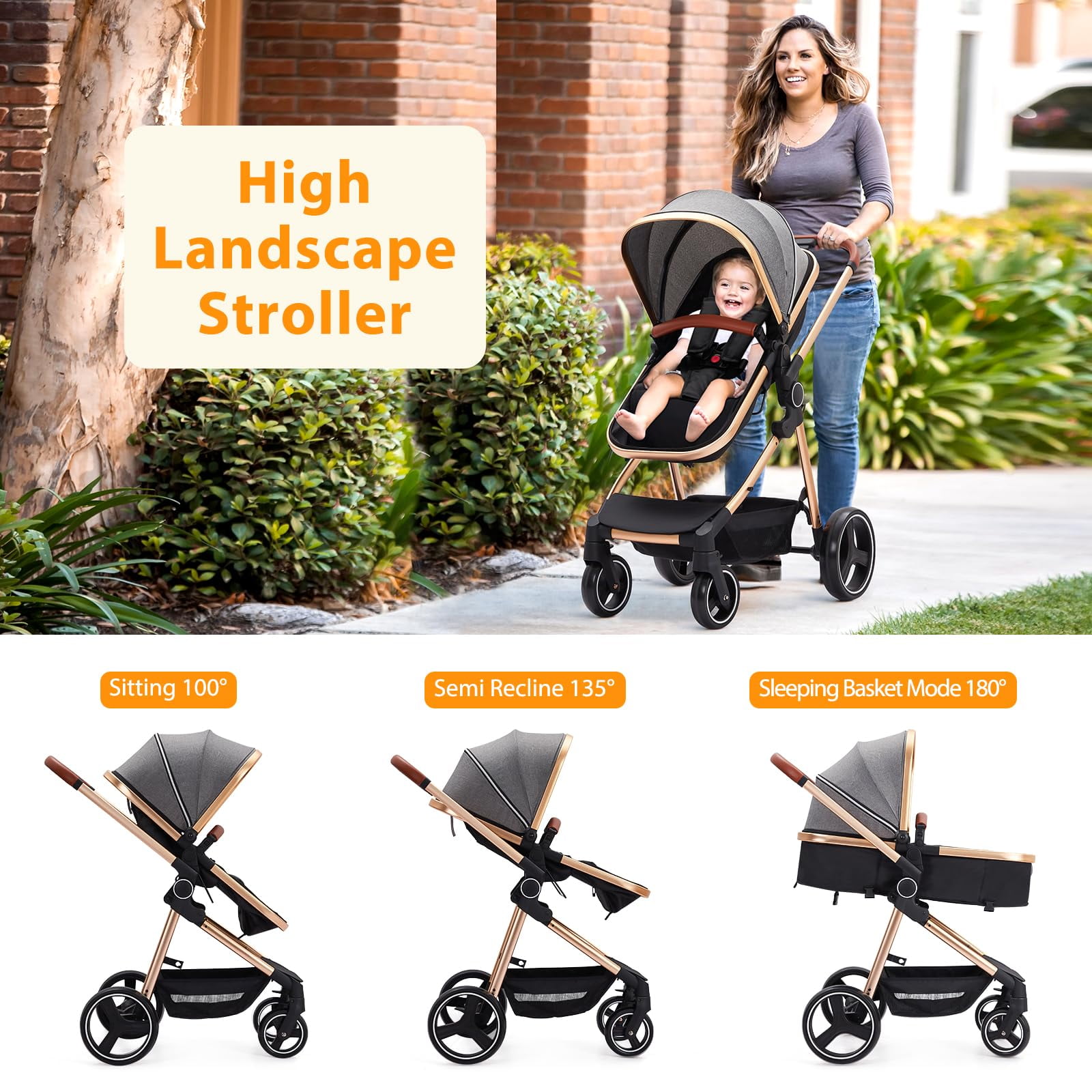 2024 New Convertible Baby Stroller, 3 in 1 Reversible Bassinet Stroller for Newborn, Toddler, High Landscape Foldable Pram with Adjustable Backrest and Canopy, Windproof Foot Cover, 5-Point Harness