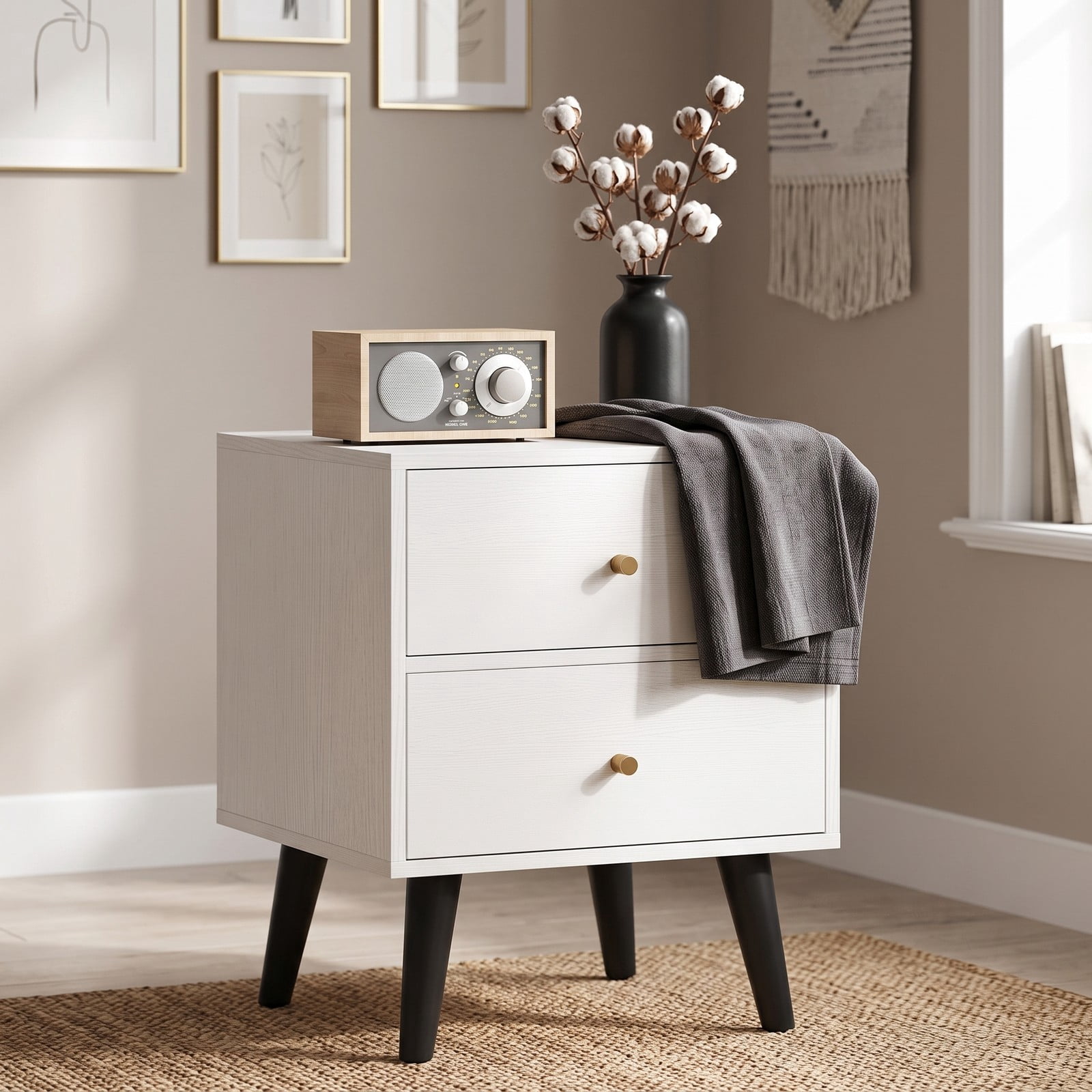Furnibear Mid Century Nightstand with 2 Drawers and Golden Knobs and Tapered Legs for Bedside Storage in the Bedroom and Living Room, White
