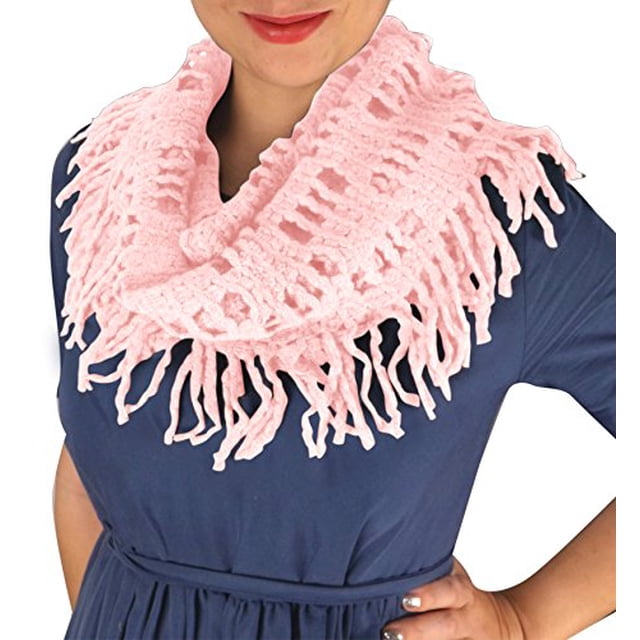 Peach Couture Winter Knitted Rectangular Pattern Long Fringe Warm Infinity Loop Scarf (Pink)
