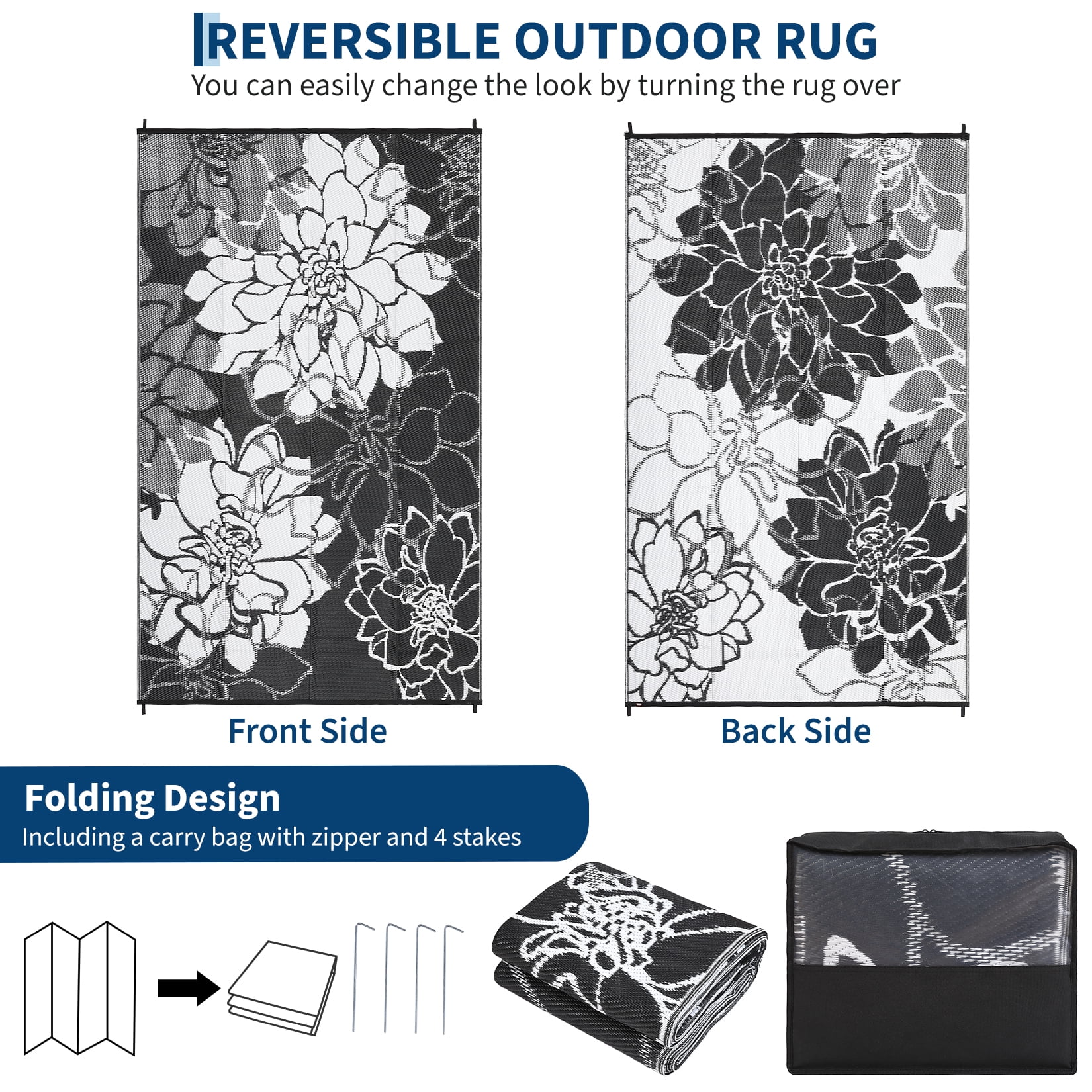 Garvee Waterproof Outdoor Rug 9'x12' Modern Floral Patio Carpet, Reversible Plastic Straw Rug Foldable RV Camping Mat with Stakes for Patio Balcony Deck Backyard, Black