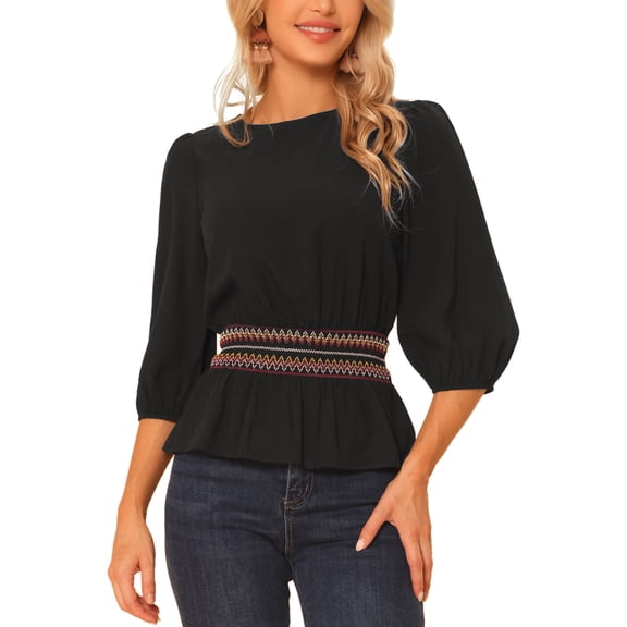 INSPIRE CHIC Women's Peplum Tops Puff Half Sleeve Smocked Waist Blouse M Black