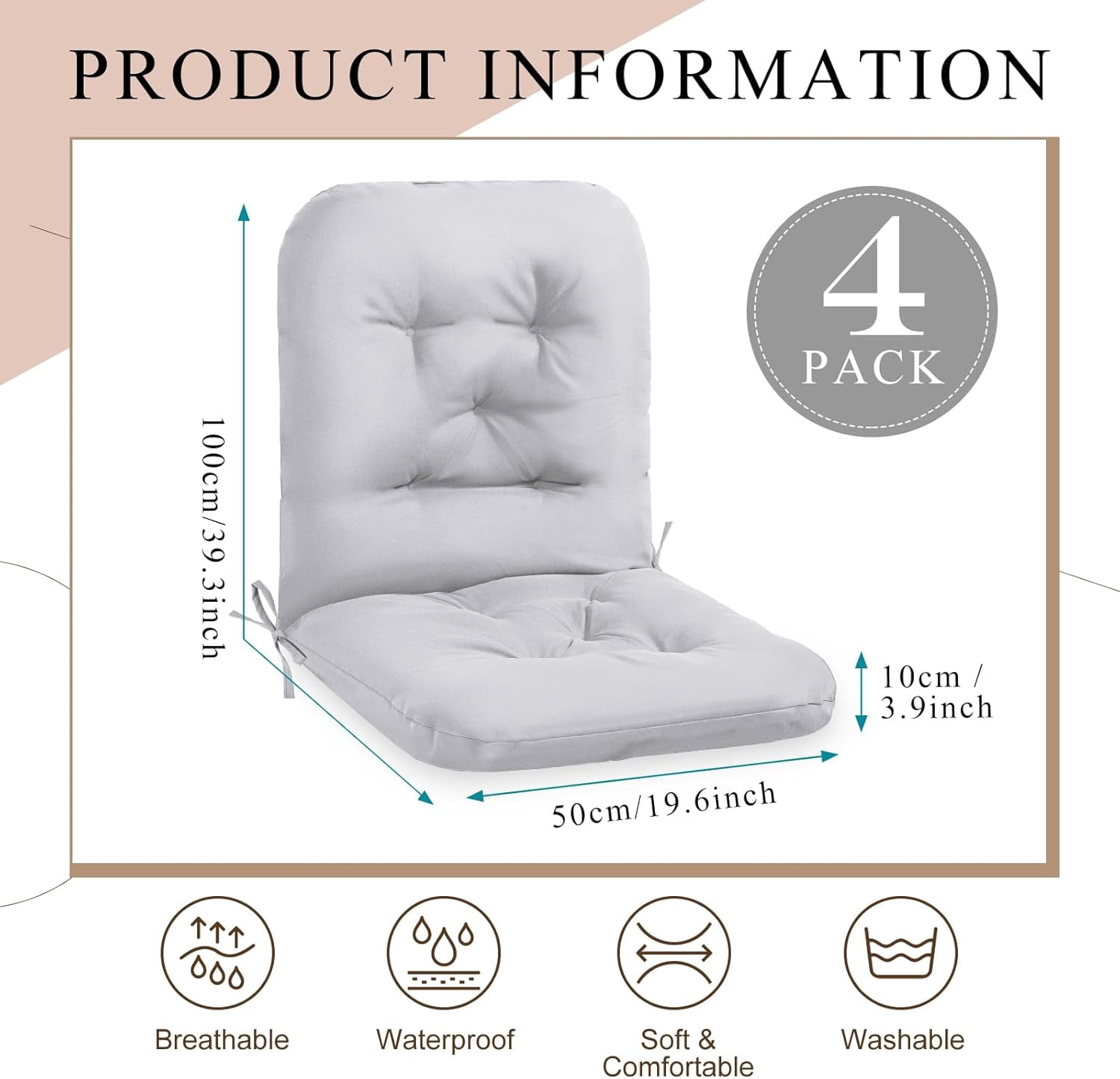 Tufted Back Chair Cushion Indoor Outdoor Weather Resistant Swivel Rocker Patio Chair Cushions for Outdoor Furniture(Light Gray,4 Pack)