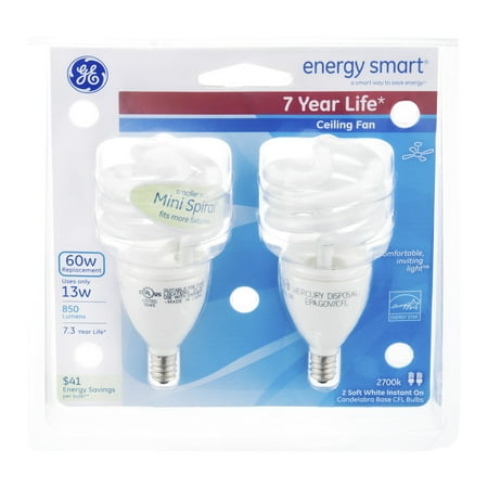 GE Energy Smart Ceiling Fan 13 Watt Soft White Instant On Candelabra Base Bulb - 2 CT