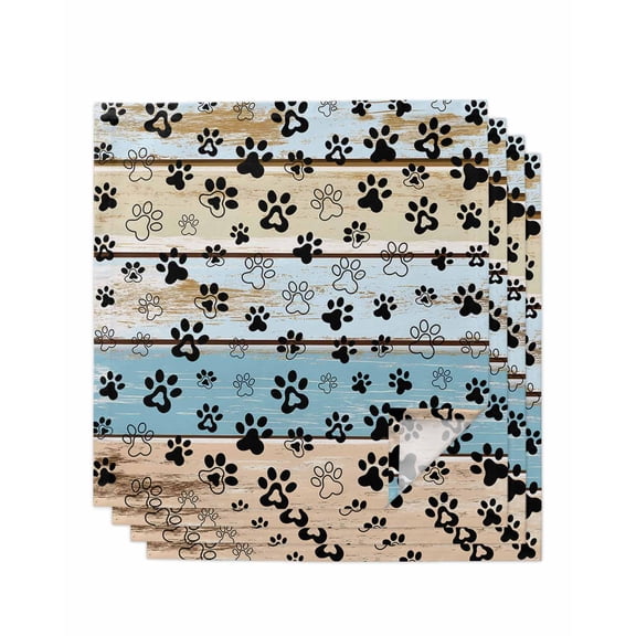 nqOlkjepod Blue Dog Paw Print Cloth Napkins Set of 4 Reusable Dinner Napkins, Vintage Farmhouse Country Wooden Grain Cocktail Napkin Washable Table Napkins for Wedding/Party/Baby Shower 20"x20"