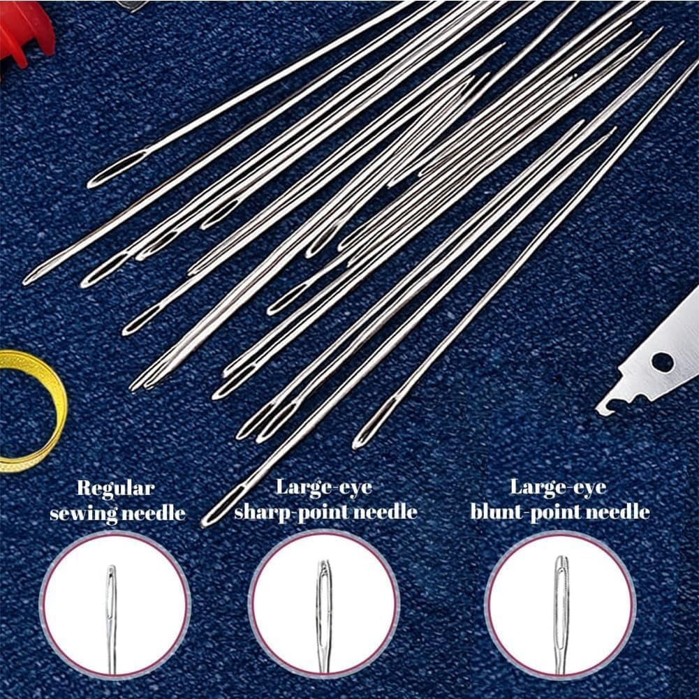 Big Eye Steel Sewing Needles Kit, Big Eye Steel Needle Kit, Stainless Steel Hand Sewing Steel Needle Kit,  DIY Hand Made Craft Set with Portable Leather Case(B)