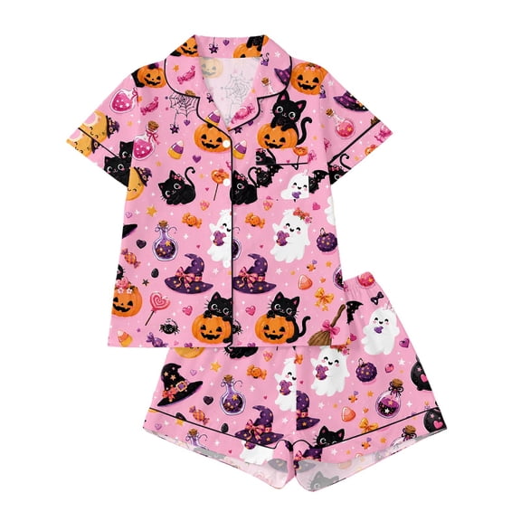 OOOUM Kids Halloween Lounge Set Girls Button Down Print Shirt & Shorts Set Summer Comfortable Outfit 13-14 Years