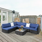 Kinbor 7pcs Outdoor Patio Furniture Set for 6 Sectional Pe Wicker Rattan Sofa Set Dark Blue