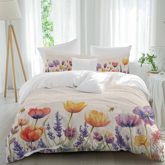 Colorful Floral 4 piece Duvet Cover Set, Comfort Bedding Set Twin Size Include a Duvet Cover, a Bed Sheet, 2 Pillowcase with Zipper for All Season