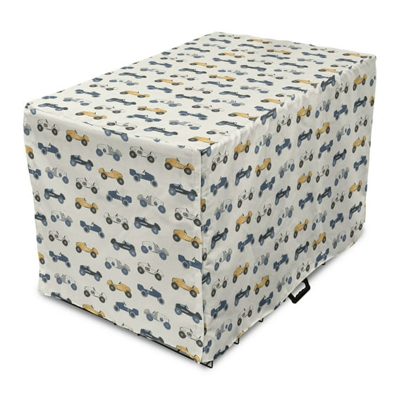 Cars Dog Crate Cover, Cartoon Vintage Race Automobiles Repetition, Easy to Use Pet Kennel Cover Small Dogs Puppies Kittens, 7 Sizes, Ivory Slate Blue Mustard, by Ambesonne