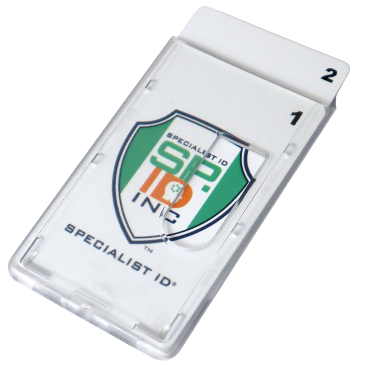Bulk 50 Pack - Heavy Duty Dual Sided Badge Holders - Holds 2 Cards - Polycarbonate Vertical - Durable Rigid Clear Hard Plastic Badges - Secure Top Load Sleeve Card Protector Case by Specialist ID