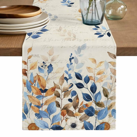 Orange Blue Botanical Cotton Linen Table Runner for Dining Kitchen, Weeping Fall Eucalyptus Leaves Rustic Wedding Outdoor Party Tablerunners, Dresser Scarf Coffee Tablecloth Runners 13x70 Inches