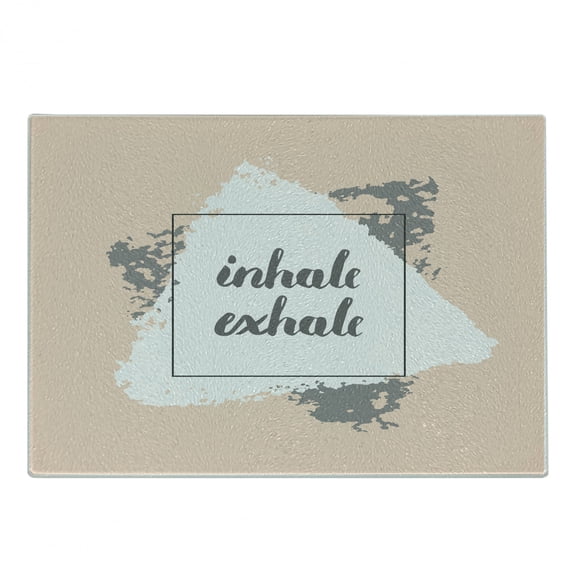 Inhale Exhale Cutting Board, Grunge Paintbrush Sports and Message Soft Pattern, Decorative Tempered Glass Cutting and Serving Board, Small Size, Pale Peach Grey White, by Ambesonne