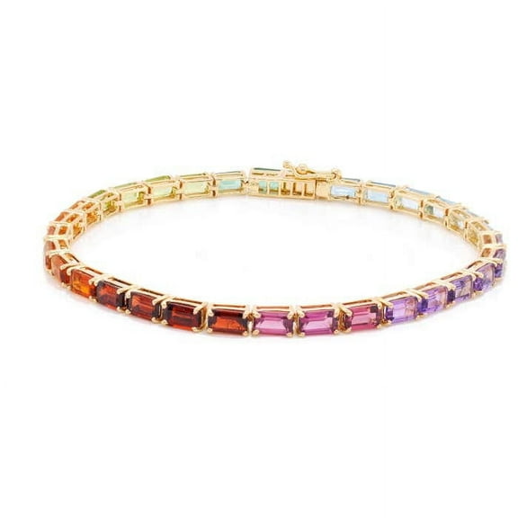 14 Karat Yellow Gold Plated 5X3 MM Octagon Rainbow Gemstones Pride Tennis Line Bracelet Rainbow Lab Sapphire Tennis Bracelet, Silver rainbow sapphire tennis bracelet, Ombre Bracelet For Women