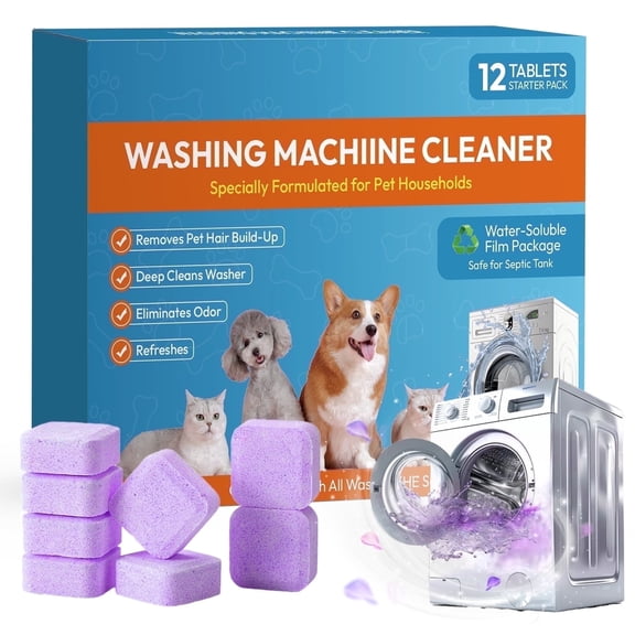 12 Pack Washer Machine Cleaner Tablets , for Pet Owners Washing Machine Cleaner,Compatible with HE,Easily pet hair remover for laundry,Top & Front Load Washer
