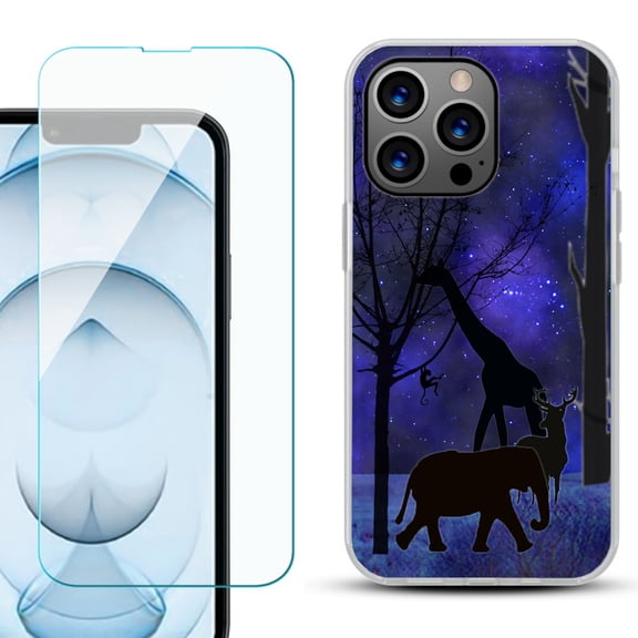 Slim-Fit Gel TPU Phone Case for iPhone 13 Pro Max, with Tempered Glass Screen Protector, by OneToughShield ® - Midnight Safari
