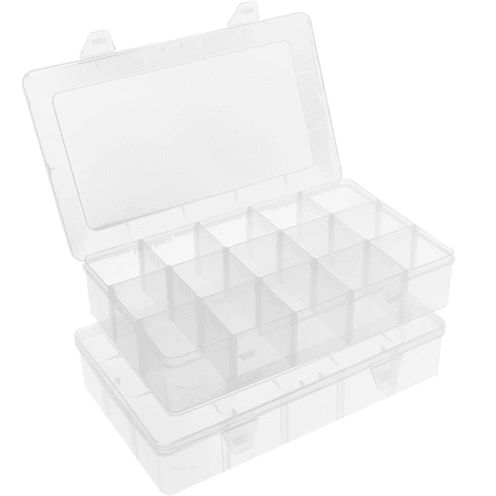 2 Pack 15-Grid Clear Plastic Organizer Box with Adjustable Dividers – Craft Storage Container for Jewelry, Beads, Screws, Tackle, Washi Tape, Small Parts