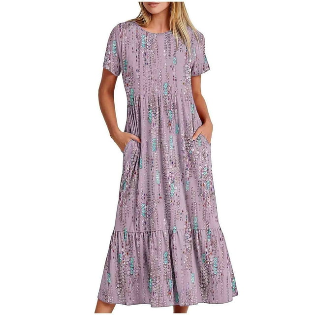 Staron Robes d'Été pour Femmes 2025 à Manches Courtes Col Ras du Cou Robe Maxi Décontractée d'Été à Volants Ligne A Longue Fluide Bohème Smockée avec Poches Rose TTG