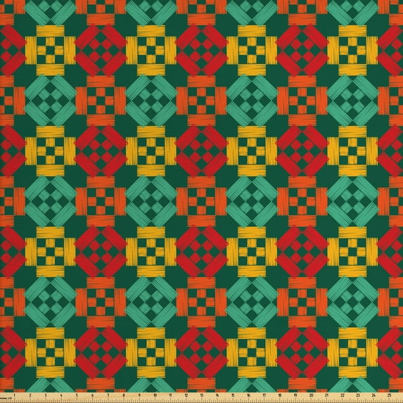 Abstract Fabric by the Yard, Geometric Style Pattern of Squares with Traditional Concept Print, Upholstery Fabric for Dining Chairs Home Decor Accents, Hunter Green and Multicolor by Ambesonne