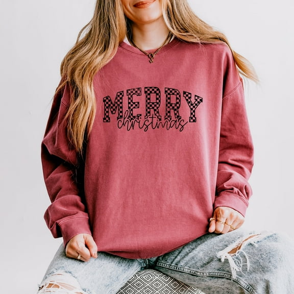 Merry Christmas Varsity Checkered - Lightweight Garment Dyed Sweatshirt