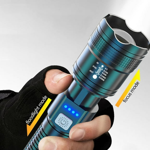 High Power LED Flashlight with Type-C Fast Charging 3 Light Modes Telescopic Focus Waterproof Emergency Power Bank Function Rechargeable Flashlight Black 6.1 inch 90g