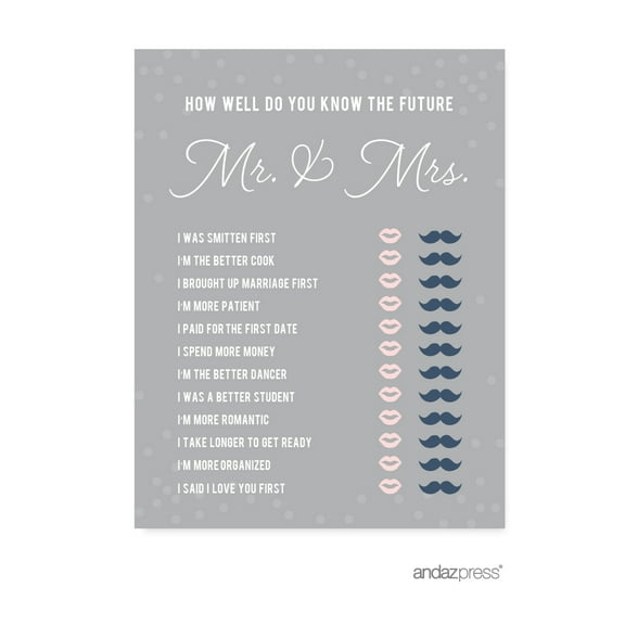 How Well Do You Know The Future Mr./Mrs.?  Pink Blush and Gray Pop Fizz Clink Wedding Bridal Shower Game Cards, 20-Pack