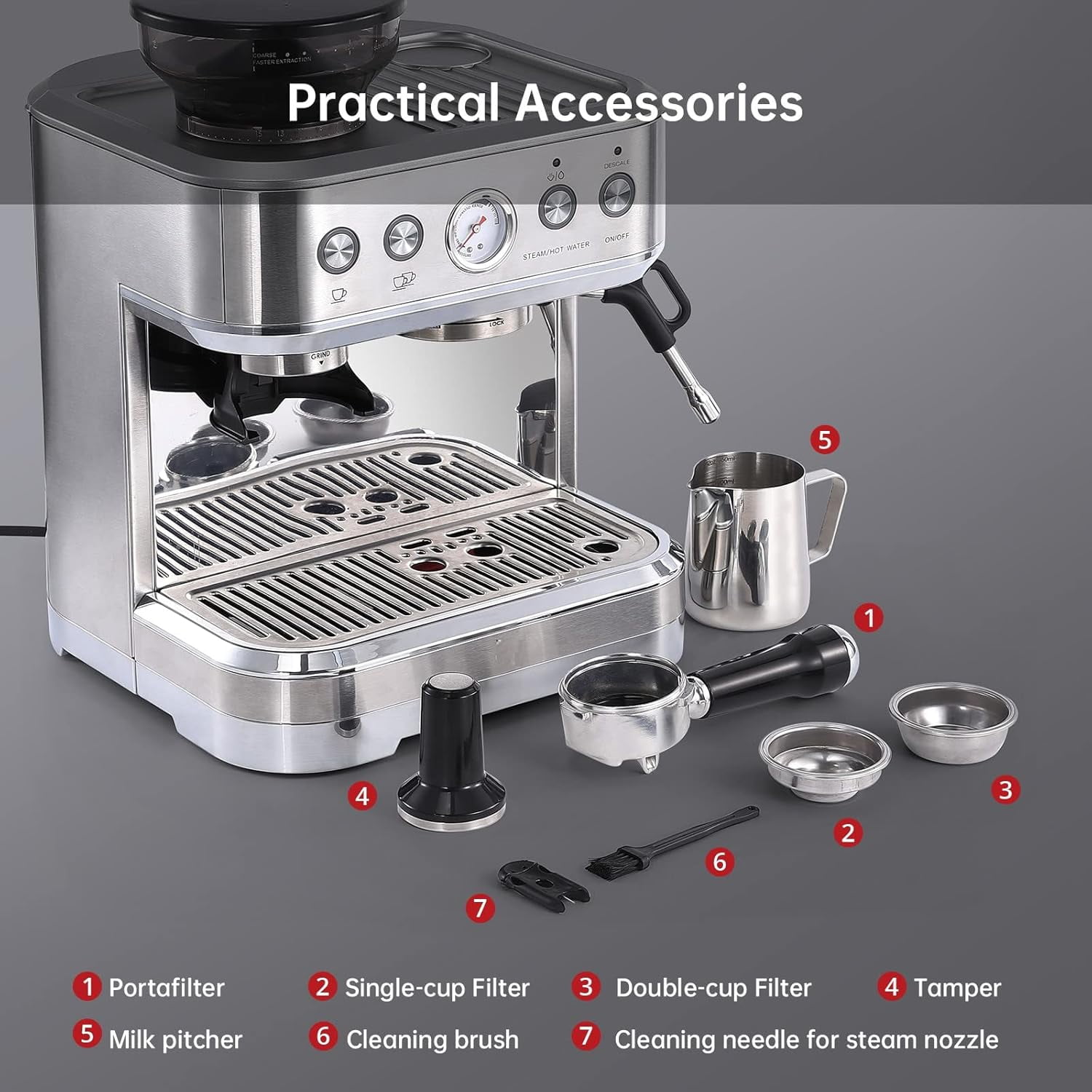 Espresso Machine, Stainless Steel Espresso Machine with Milk Frother and Grinder for Home Office Maker 2.5L Water Tank, 15 Bar, Silver