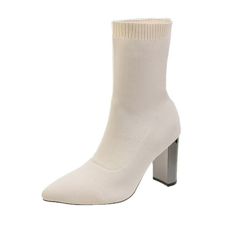 

Luiyenes Women Ankle Boots Autumn And Winter Stretch Knit Solid Color Fashion Comfortable Simple Pointed Toe Square Heel