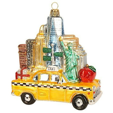 New York Taxi with Landmark Buildings Polish Glass Christmas Tree Ornament