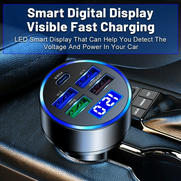 Cargador de coche cinco en uno con pantalla digital Cargador de coche de 5 puertos con voltaje de un solo arrastre El cargador de coche de 5 puertos admite carga rápida