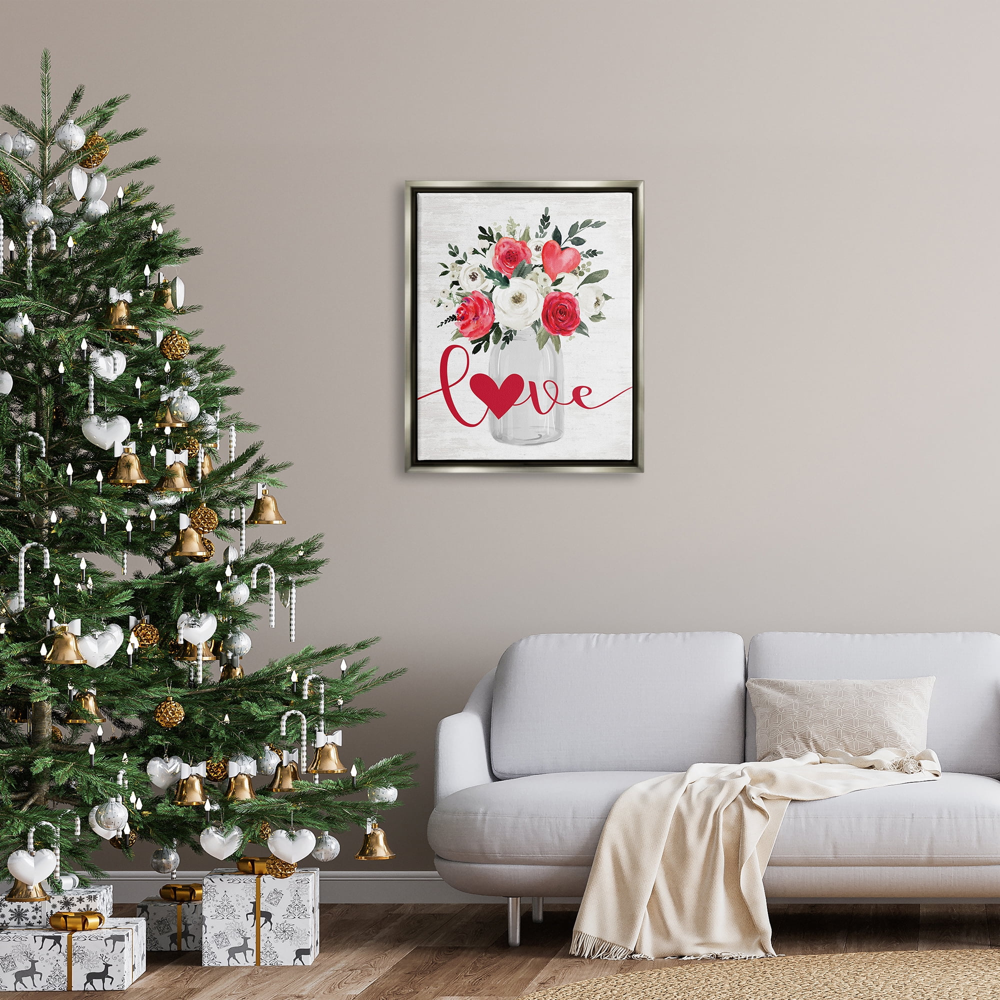Stupell Industries Floral Valentine's Love Bouquet Botanical & Floral Painting Gray Floater Framed Canvas Art Print Wall Art, 25 x 31