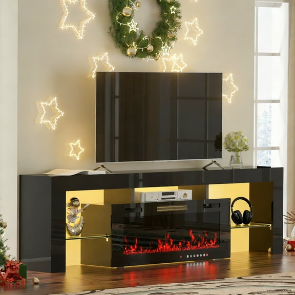 "GETYES Modern 70"" TV Stand with 36"" Electric Fireplace, Built-In Heater and Storage, Black"