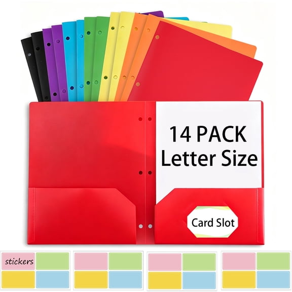 TOSYOFFI Plastic Pocket Folders 3 Hole Punched with 2 Pockets, Hold Letter Size Paper, 14-Pack Assorted Colors