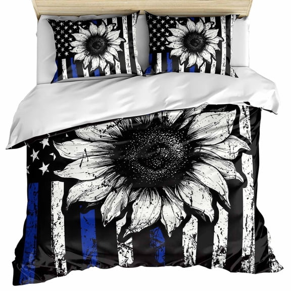 American Flag Bedding 3 Piece Duvet Cover Set Queen Size, Farmhouse Sunflowers Shabby Chic Country Black Blue Microfiber Comforter Cover with Zipper Closure & Pillowcases, FadeResistant Quilt Cover