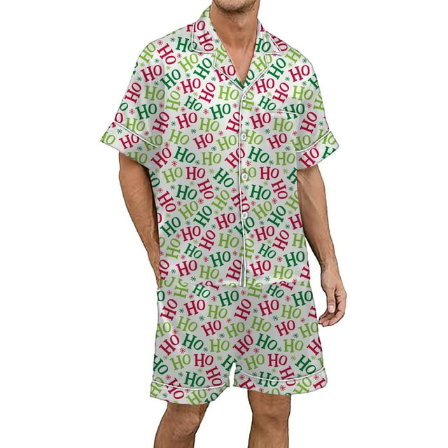 GDREDA Pyjamas Assortis pour Couples pour Hommes de Noël Multicolores Imprimés en Satin de Soie à Manches Courtes Boutonnés Ensemble de Pyjama pour Hommes Brique Rouge,TTTG