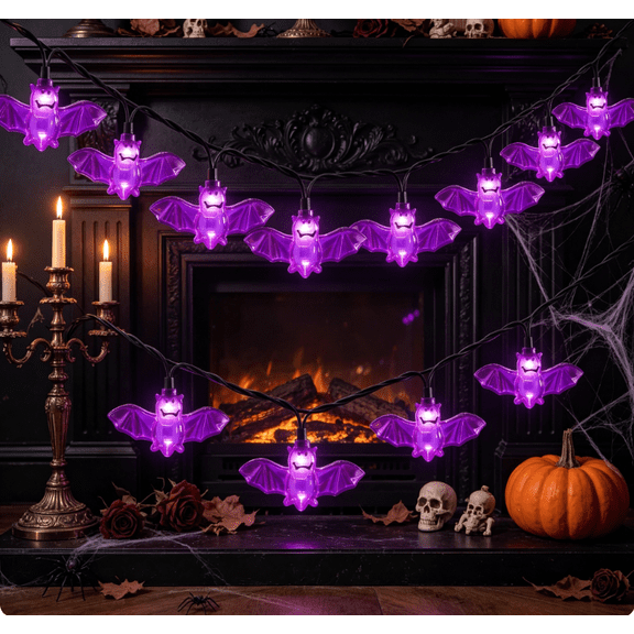 Halloween String Lights 4.9Ft 10 Purple Bat LED Decorative Lights for Indoor Outdoor Porch Window Decor 2PCS