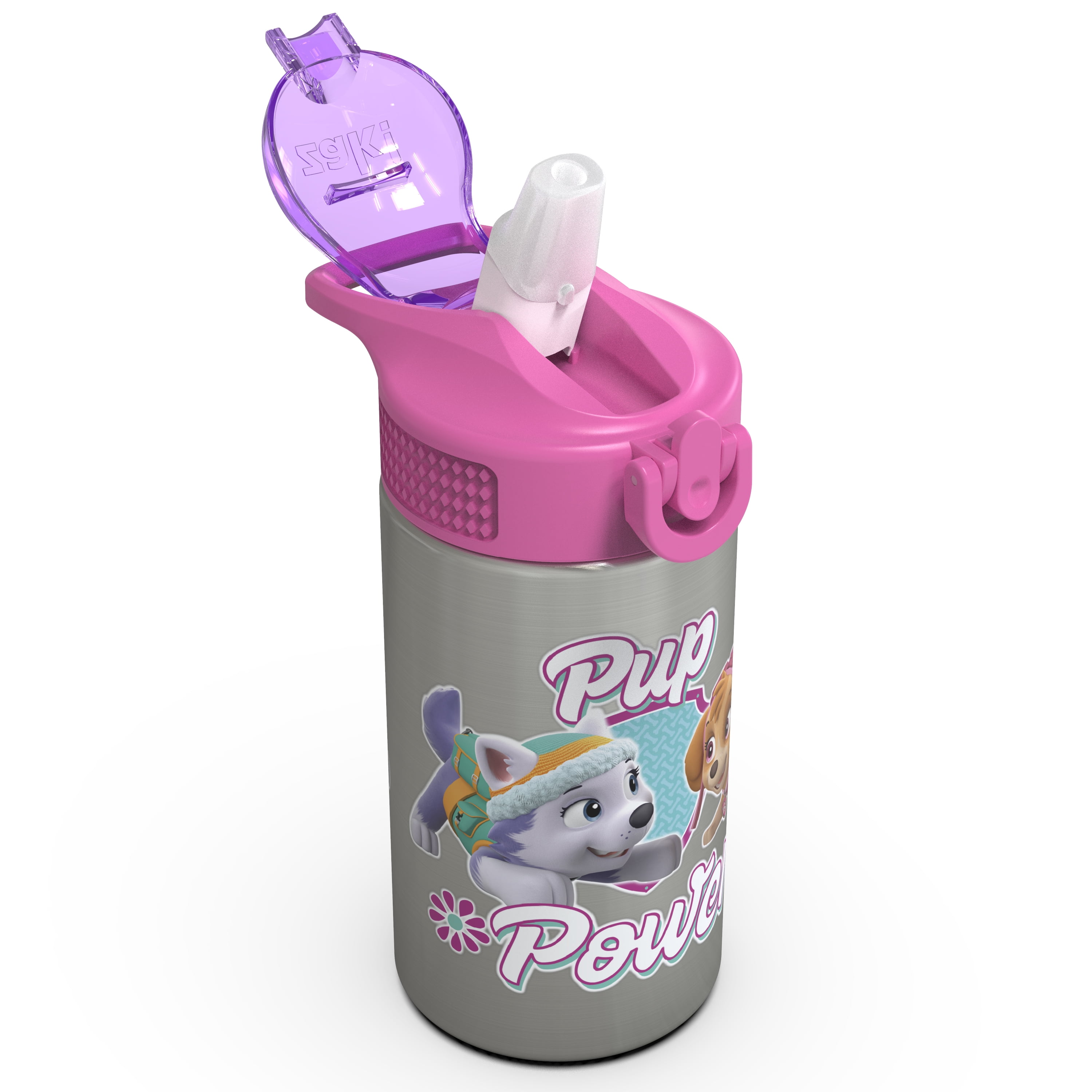Zak Designs 15.5 oz Kids Water Bottle Stainless Steel with Push-Button Spout and Locking Cover, Paw Patrol Skye