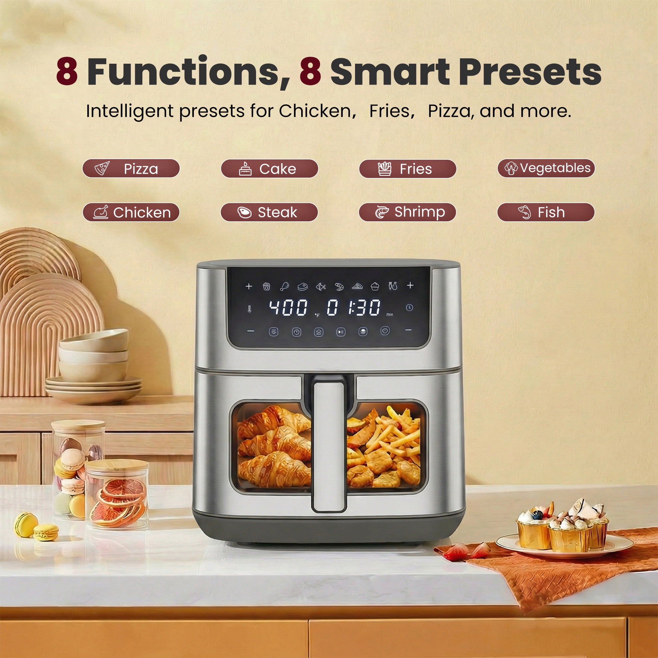 EDX 6QT Stainless Steel Air Fryer with Digital Touchscreen, 1500W, 8 Presets, Dishwasher Safe Basket, 90 Min Timer, 24H Delay Start, Gray