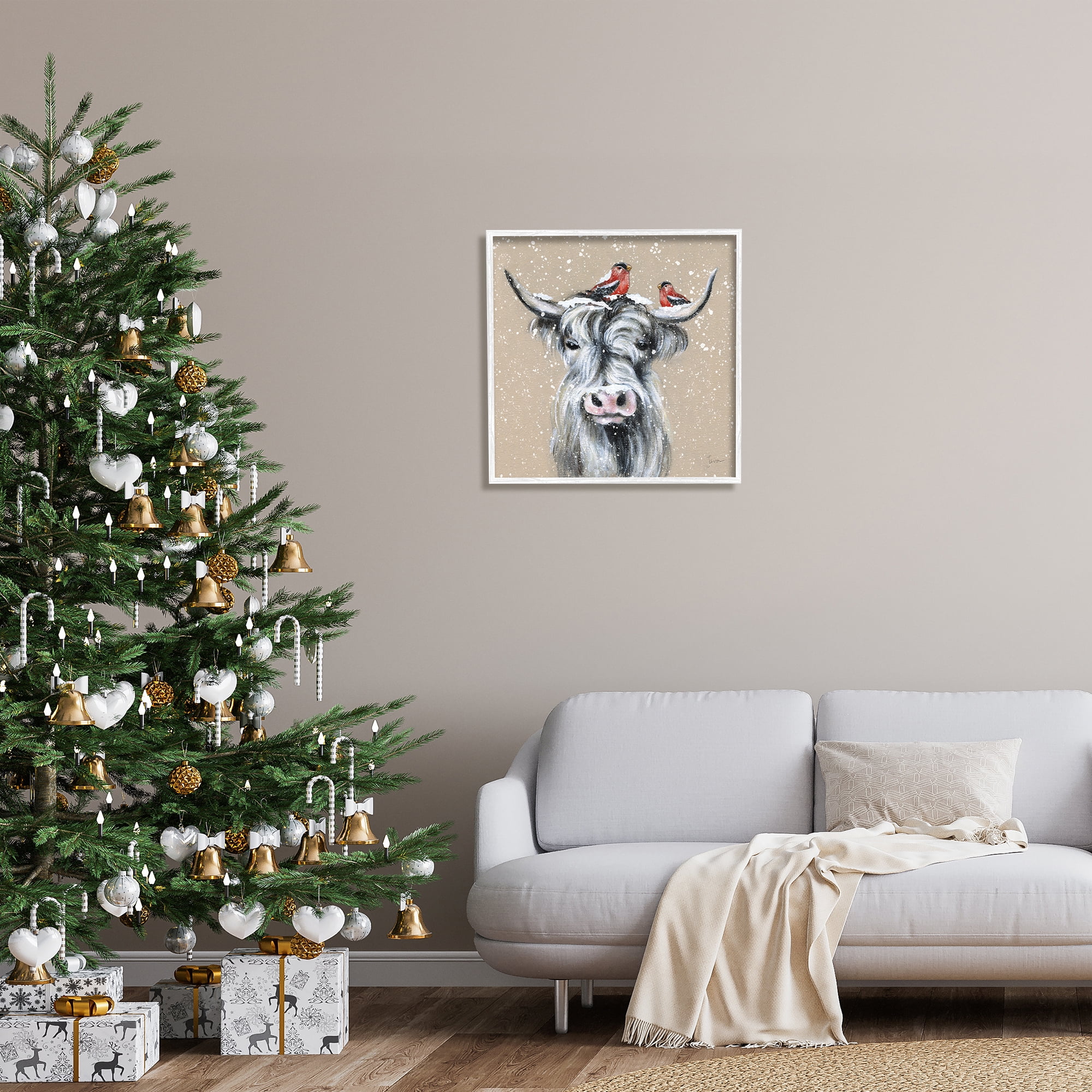 Stupell Industries Snowy Cattle & Birds Farmhouse Holiday Painting White Framed Art Print Wall Art