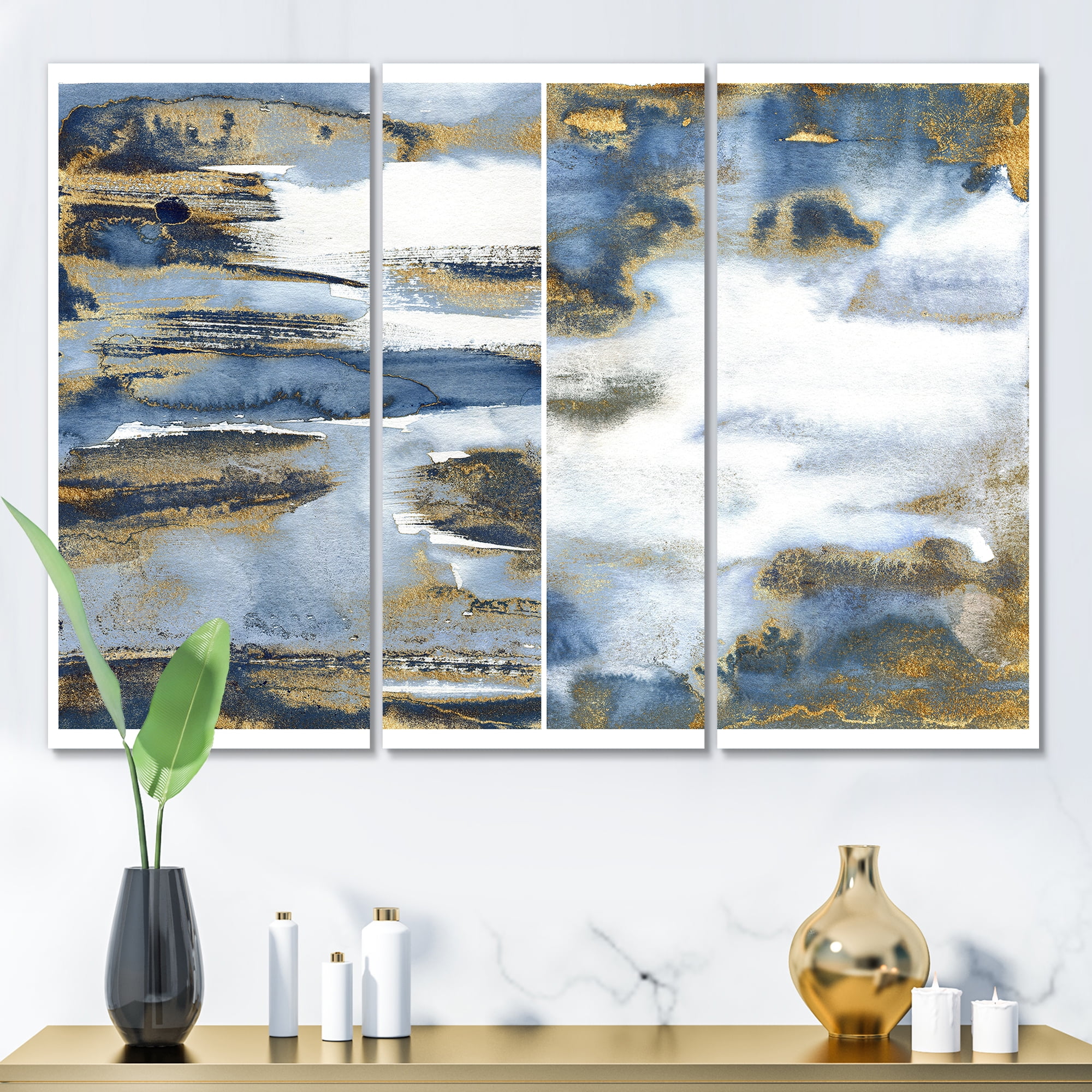 Gold and Dark Blue Abstract Waves III 28 in x 36 in Painting Canvas Art Print, by Designart