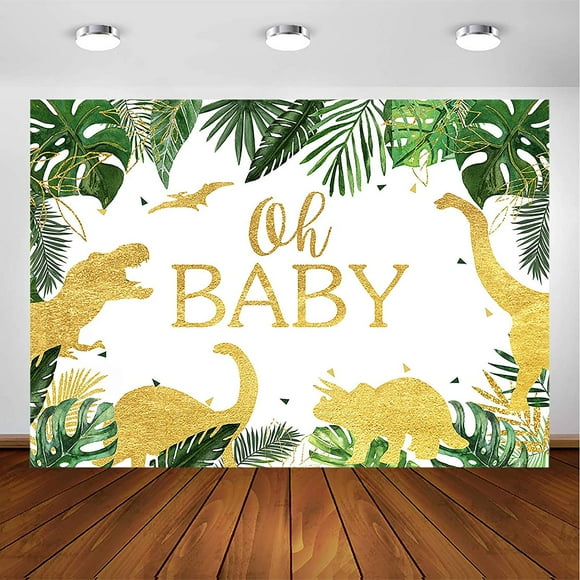 Oh Baby Dinosaur Backdrop for Boy Dinosaur Theme Baby Shower Party Decoration Green Leaves Gold Dinosaur Dino Oh Baby Party Banner Photoshoot Photography Background (7x5ft)