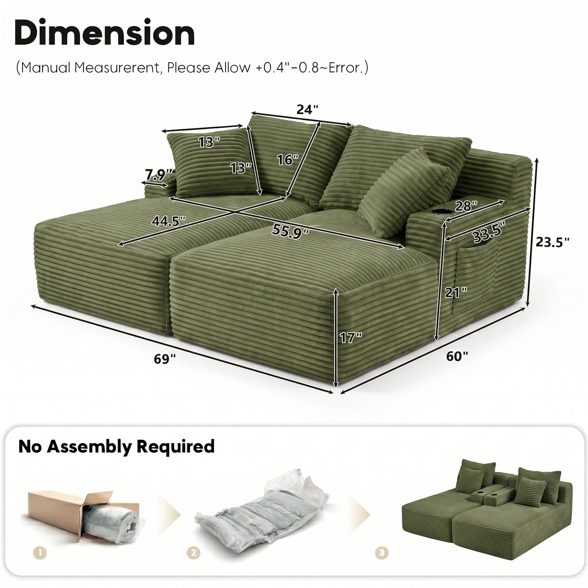 Aukfa 69" Oversized Double Chaise Lounge Boneless Couch Modular Loveseat Sleeper Sofa Bed for Living Room, 2 Cup Holders, Corduroy, Green