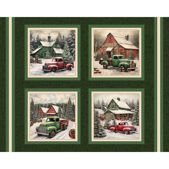 Snow Trucks Pillow Panel Cotton Fabric