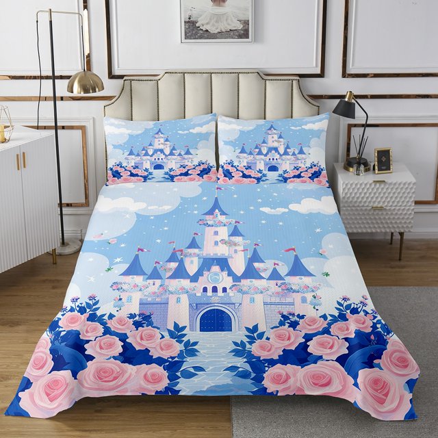 Erosebridal Romantic Rose Coverlet Set Queen, Blue Castle 02, Girls Kids