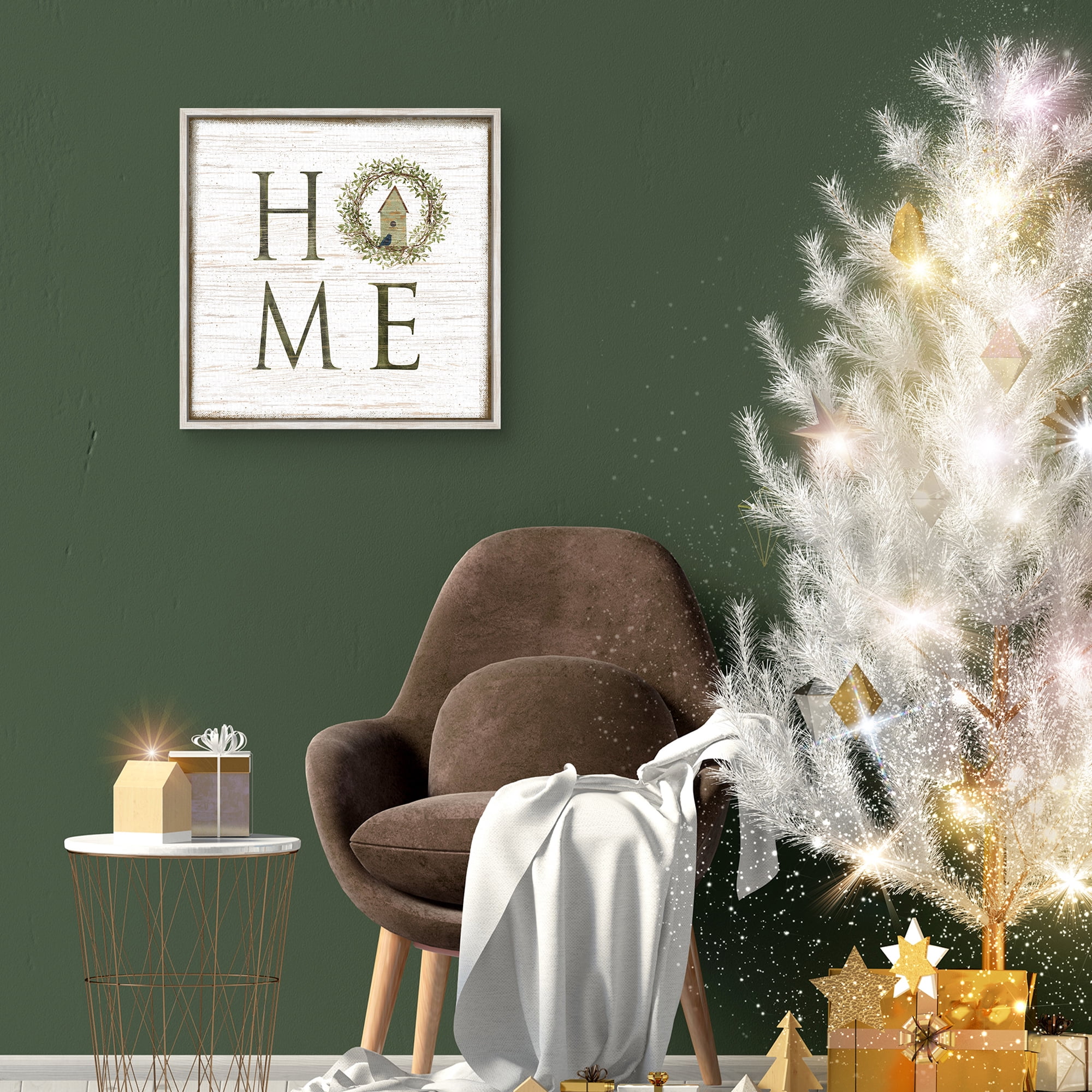 Beth Albert Home for Christmas Birdhouse 20 in x 20 in Framed Painting Canvas Art Print, by Masterpiece Art Gallery